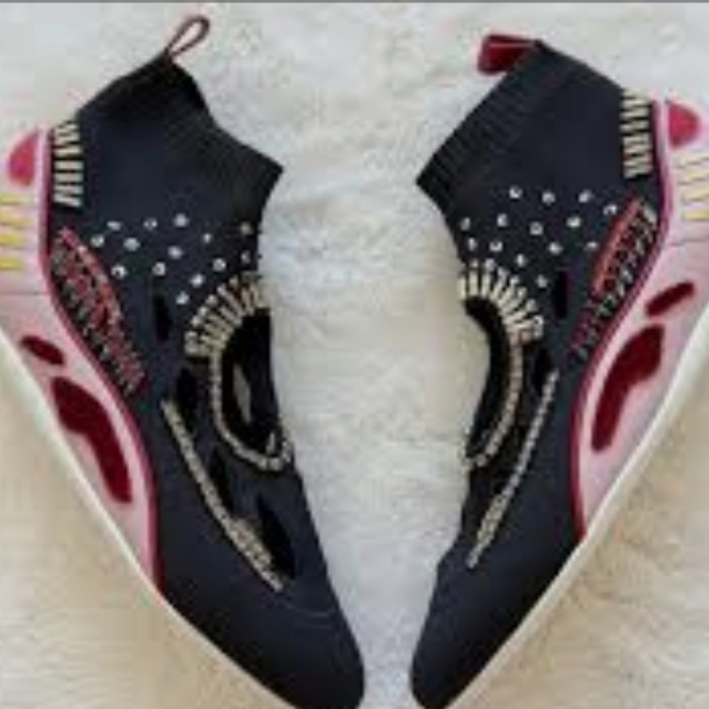 VALENTINO GARAVANI Calfskin Crystal Mesh Knit Cutout Odissey Sock Sneakers